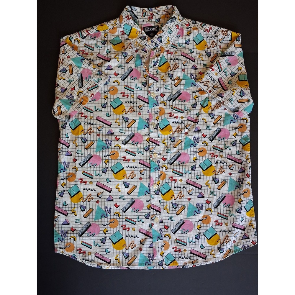 VTG Massive 90s Memphis Design Patterned Button Up Shirt Sz Large Geometric